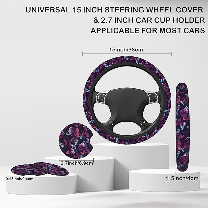 Purple Butterflies Steering Wheel Cover for Women, Anti-Slip Car Steering Wheel Cover with 2 Pcs Cup Holders Neoprene Breathable Car Accessories Universal 15 Inch Auto Interior Decor