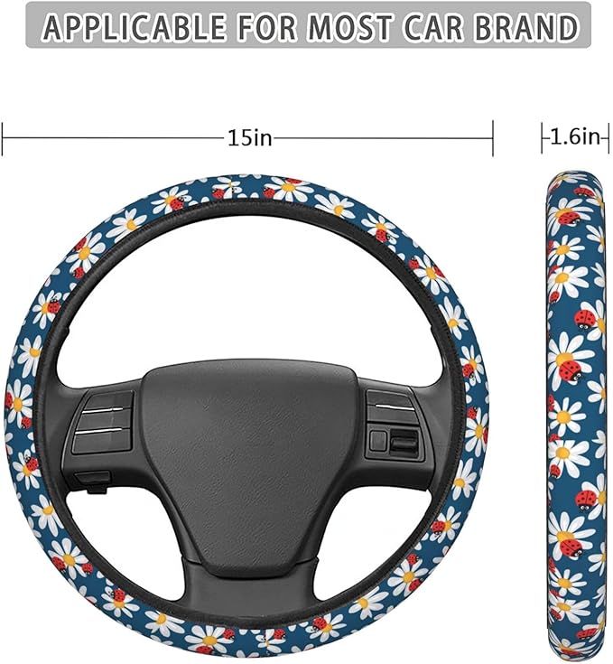 Dujiea Daisies with Ladybugs Elastic Stretch Steering Wheel Cover, Anti-Slip and Durable Car Steering Wheel Accessories for Women Men, 15 Inch Universal Fit Car, Truck, SUV