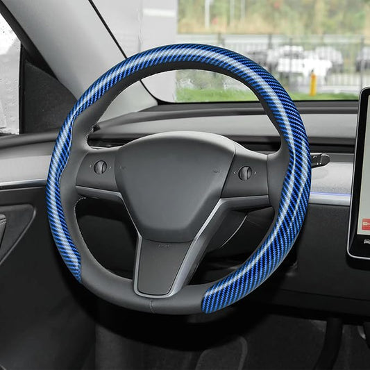 frani Leather Steering Wheel Cover, Universal 15 Inch Premium Non-Slip Steering Wheel Cover Blue Carbon Fiber Texture