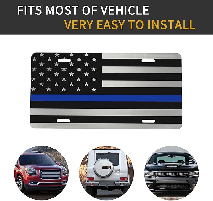 Silver Metallic Thin Blue Line American Flag Front License Plate Aluminum Decorative License Plates Funny Metal Car Plate 6"X12" Novelty Vanity Tag Cover with 4 Holes Car Decor Accessory