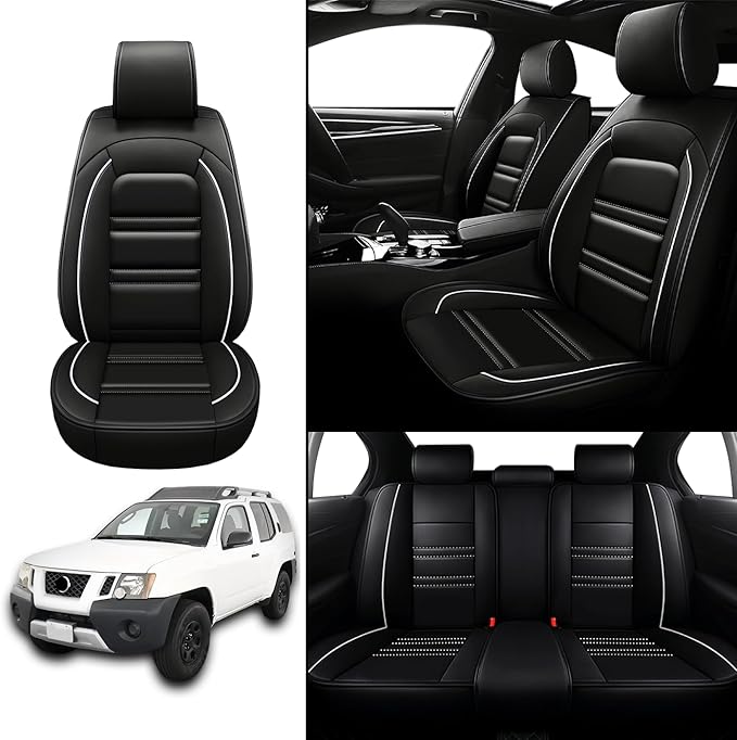Seat Covers for Nissan Car Xterra 2000-2015 | 5-Seats Leather Seat Covers, Easy to Install Automotive Seat Covers Full Set (Full Set, Black&White Line)