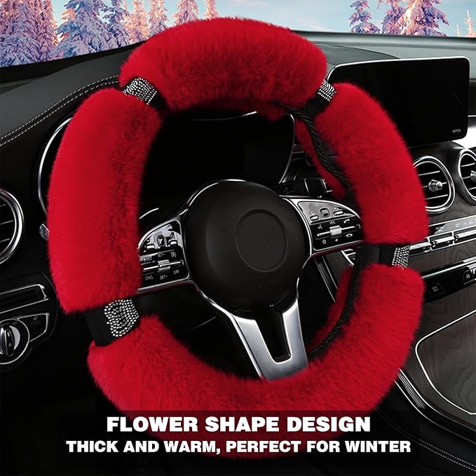 Fluffy Steering Wheel Cover for Women with Bling Crystal Diamond, Warm & Anti-Slip Plush Fur, Cute Girly Car Interior Decor Accessory, Universal Fit for 14.5-15 Inch Wheels (Red)