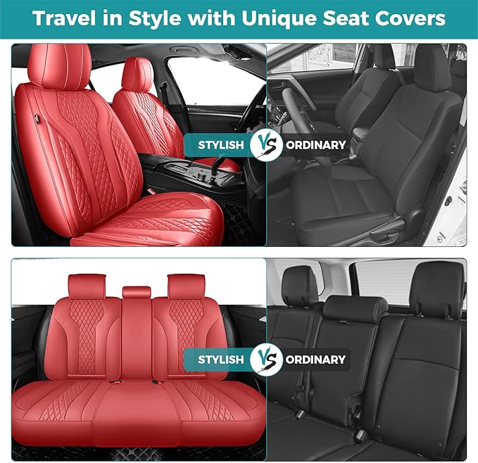 Leather Car Seat Covers - Breathable Faux Leather Seat Covers Full Set for Cars SUV Sedan - Waterproof - RED