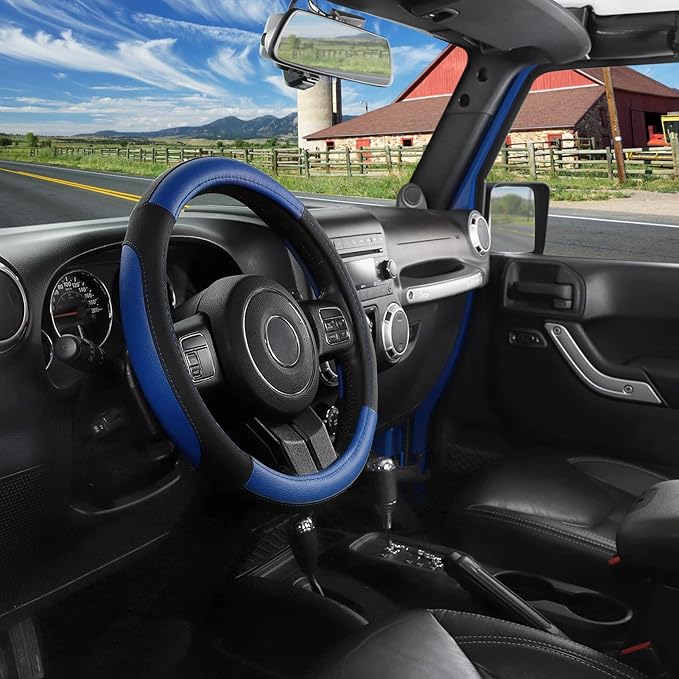 SEG Direct Car Steering Wheel Cover for F-150 Tundra Range Rover 15.5-16 inch, Black and Blue Microfiber Leather