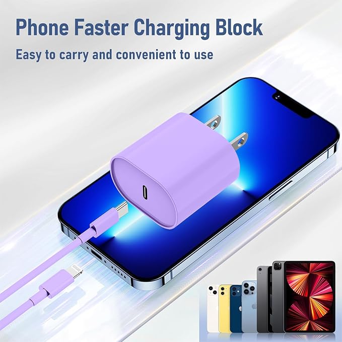 i Phone Charger Fast Charging 10 FT, 3-Pack 20W PD USB C Charger Block with i Phone 14 13 Charger Cable 10 Foot, Compatible with iPhone 14 Pro 13Pro Max 12 11Pro Mini - Purple