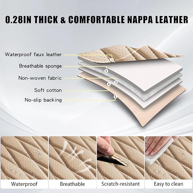 WELLDO Car Seat Covers Full Set, Leather Seat Covers for Cars, Car Seat Protector Waterproof, Non-Slip Car Interior Covers Full Set Universal Automotive Seat Covers for Most Cars SUVs, Beige
