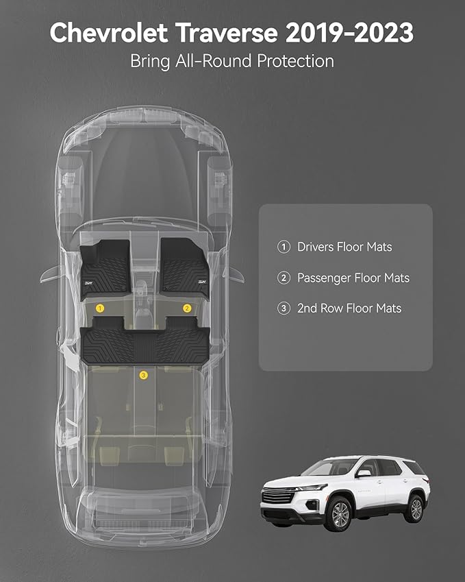3W Floor Mats Custom Fit for Chevrolet Traverse 2018-2023, TPE All Weather Chevy Traverse Floor Liner 1st and 2nd Row Full Set Car Mats Accessories (ONLY for Bucket Seat 2-Row)