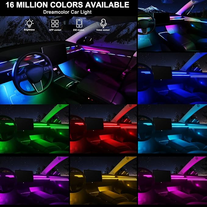 Dreamcolor Acrylic Interior Car LED Strip Light with Wireless APP, RGB 14 in 1 with 175 inches 593 Neon Car Ambient Lighting Kits, Dynamic Chasing Music Sync LEDs Fiber Optic Strip Lights for Car