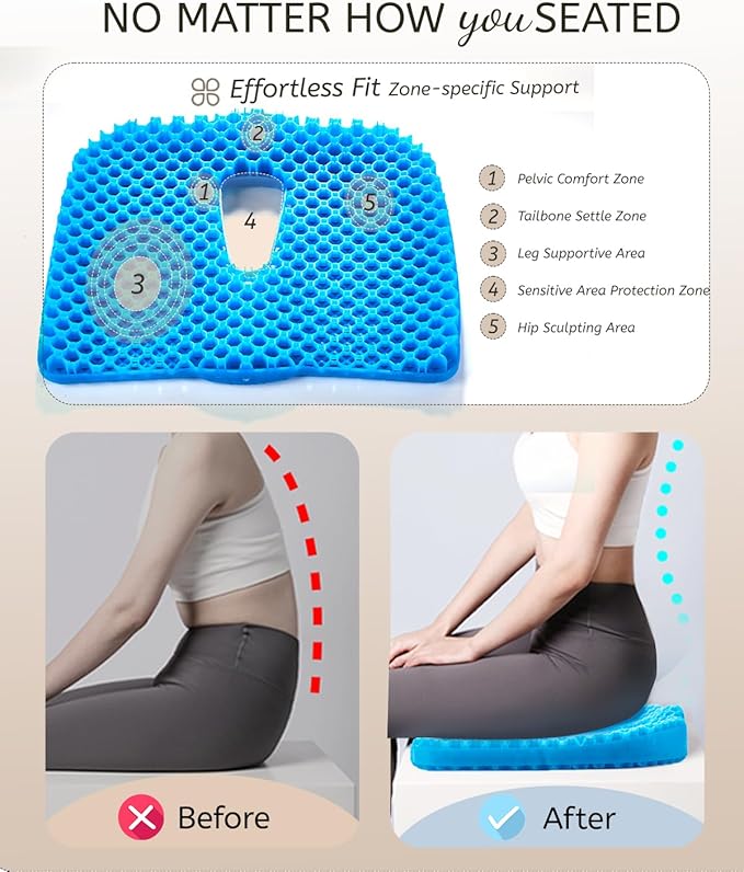 Gel Seat Cushion for Long Sitting & Hip Pain Relief (Large Size) - Cooling 3D Cushions for Office Chair, Car, Wheelchair, Breathable & Non-Slip Cover with Pressure Relief Technology