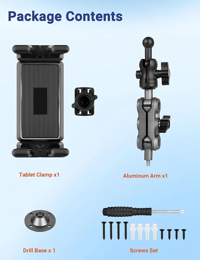 Tablet Holder for Truck, Drill Base Tablet Car Mount with Aluminum Arm, Compatible with 4.7"-12.9" Tablets/iPad/Phones, 360°Rotation Adjustable iPad Truck Mount for Dashboard, Walls, Boat