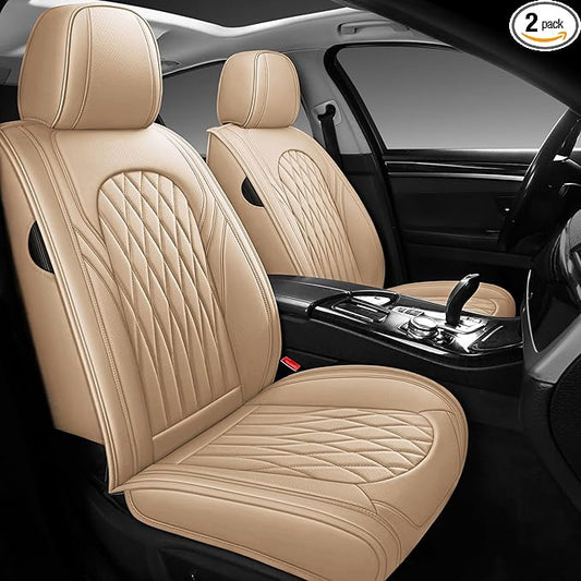 WELLDO Car Seat Covers Front Seats, Leather Seat Covers for Cars, Front Car Seat Protector Waterproof, Non-Slip Car Interior Covers Universal Automotive Seat Covers for Most Vehicle, Beige