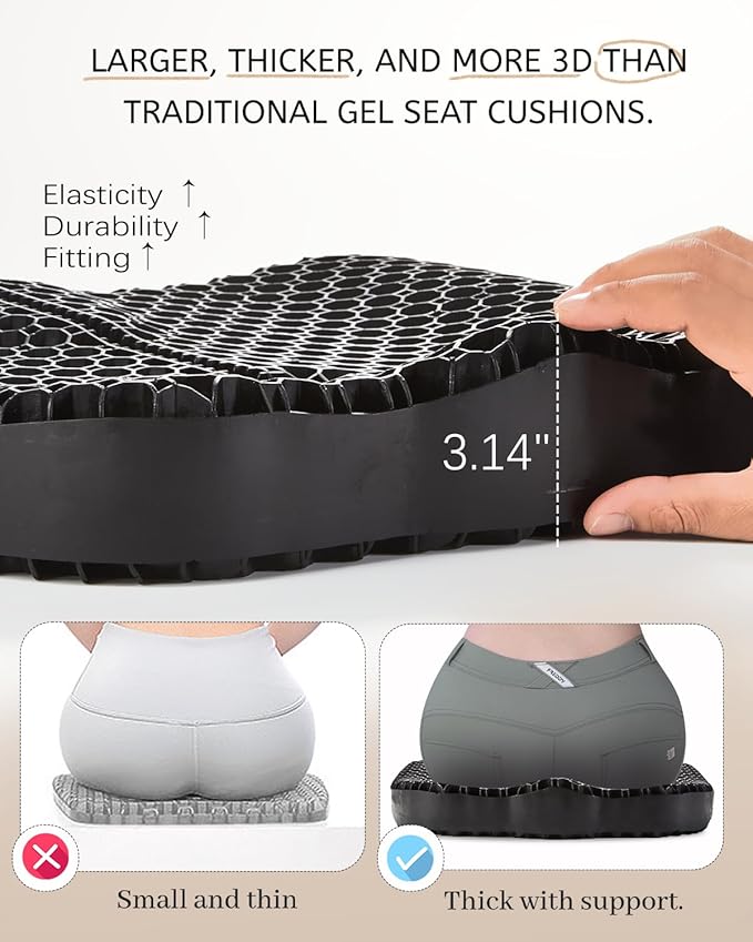Gel Seat Cushion for Long Sitting & Hip Pain Relief (Large Size) - Cooling 24D Cushions for Office Chair, Car, Wheelchair, Breathable & Non-Slip Cover with Pressure Relief Technology