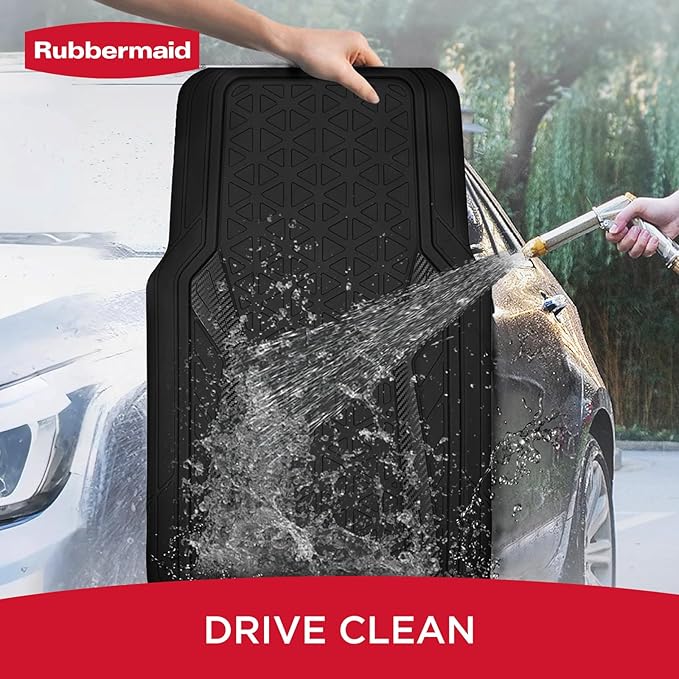 Rubbermaid Car Floor Mats Full Set, Premium Heavy Duty All-Weather Car Mats– Rugged Rubber with Brushed Aluminum Inserts, Universal Trim-to-Fit, Anti-Slip Backing for Cars, SUVs, Trucks & Vans - Black