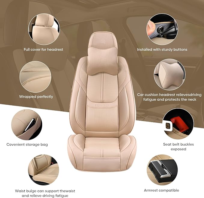 Auto Car Seat Covers Accessories Full Set Leather Cushion Protector Breathable Waterproof Seat Cover for Cars Universal Fit (Beige, Front Pair and Rear)