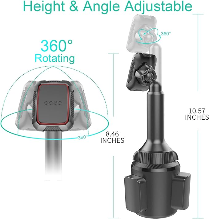 OQTIQ Magnetic Phone Cup Holder for Car - Adjustable Height & Multi-Angle - One-Hand Operation - Compatible with Samsung, Google, & More - Black, Not for MagSafe