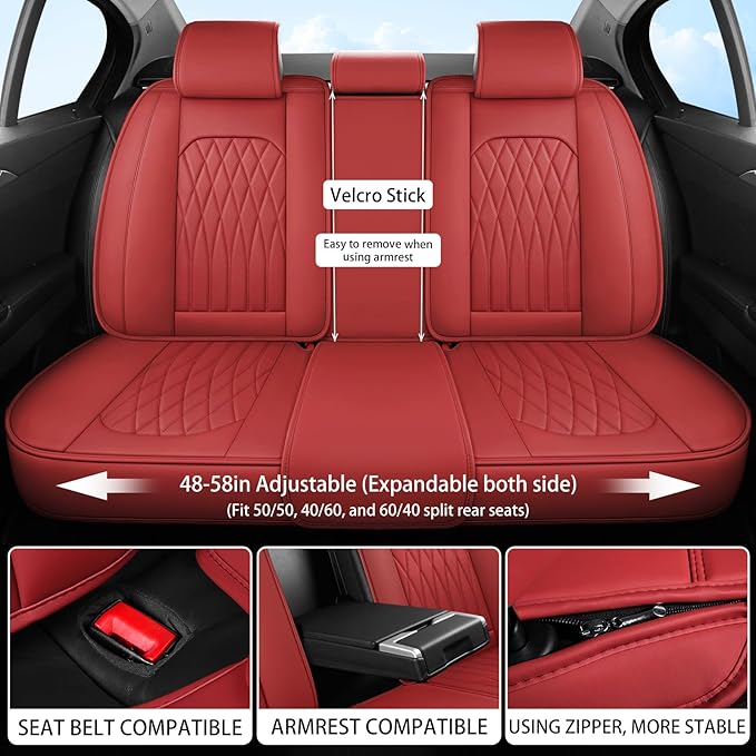 WELLDO Car Seat Covers Full Set, Leather Seat Covers for Cars, Car Seat Protector Waterproof, Non-Slip Car Interior Covers Full Set Universal Automotive Seat Covers for Most Sedans SUVs, Burgundy