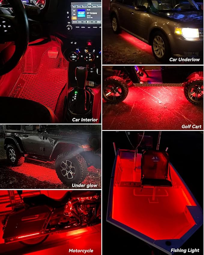 12V Led Light Strip 12" Connectable Red LEDs Strip Lights for Cars Motorcycle Golf Cart Boat Marine Waterproof Car Led Strip, 4Pack