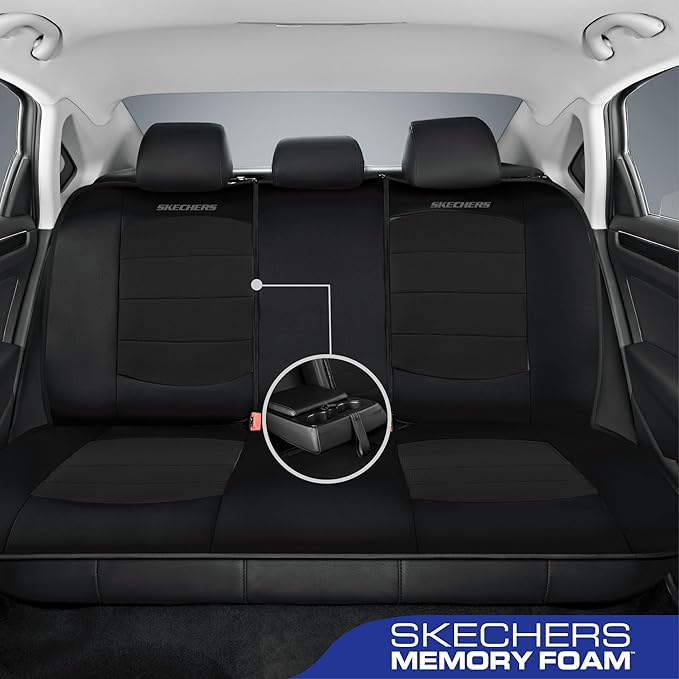 Skechers Memory Foam Seat Covers,Thick Cool Touch Fabric Car Seat Covers,Seat Cover Full Set Airbag Compatible,Automotive Comfort Protection for Most Cars,Vans,Trucks,SUV,Black