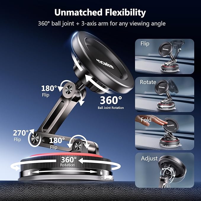 SYNCWIRE for MagSafe Car Mount [3-Axis] Nano Adhesive Gel + Strong Suction Cup Magnetic Phone Holder for Dashboard & Windshield, 360° Adjustable for iPhone 17 16 15 14 13 12, Samsung, Matte Black