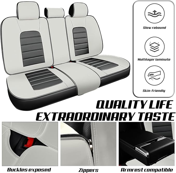 Auto Seats Covers Compatible with Toyota Venza 2009-2025, Breathable and Waterproof Faux Leather Automotive Seat Cover (Full Set, Gray&White)