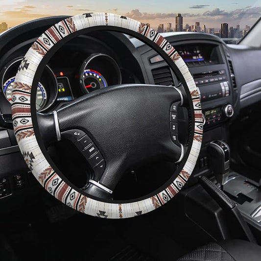 Tribal Navajo Style Car Steering Wheel Cover - 15 Inch Southwestern Native American Style Geometric Pattern Elastic Universal Steering Wheel Cover for Trucks & Auto