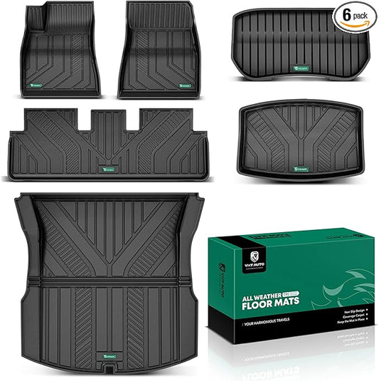 YHTAUTO Car Floor Mats for Tesla Model 3 Highland 2025 2024 Accessories, Custom Fit All Weather TPE Car Mats, Include Front Rear Trunk Cargo Liner & Rear Storage Liner Mats & Odorless Floor Mat, 6PCS