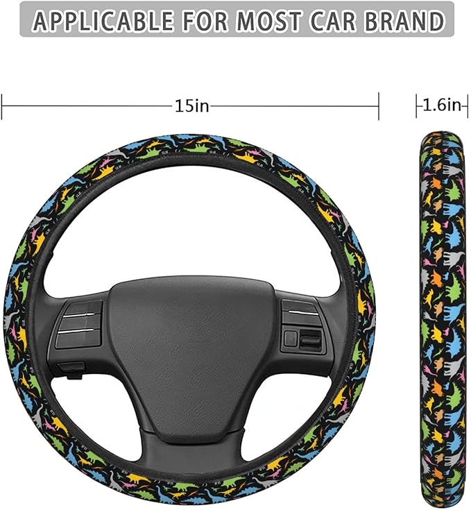 Dujiea Dinosaur Silhouette Elastic Stretch Steering Wheel Cover, Anti-Slip and Durable Car Steering Wheel Accessories for Women Men, 15 Inch Universal Fit Car, Truck, SUV