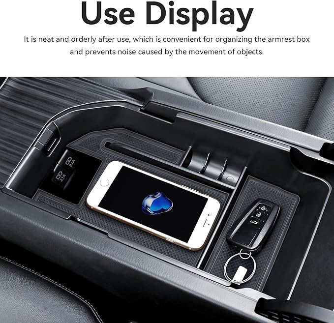 Center Console Tray Compatible with Toyota 2018-2024 Camry (Include Hybrid) Accessories with Dual USB Ports ABS Material Armrest Secondary Storage Box Black Mat