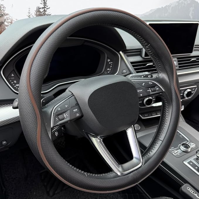 Leather Steering Wheel Cover， with Anti-Slip Stripe Design - Enhanced Grip, Fashion Style, Safe, Non-Slip, Breathable. Upgrade car Interior，Black Brown