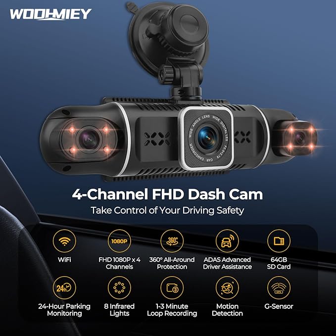 High Resolution 4 Channel Dash Camera,1080P 3.0in Display with Night Vision, G Sensor for Car DVR Functionality, WiFi and ADAS Mic