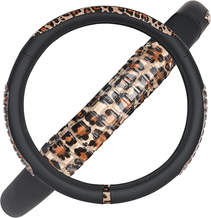Flying Banner car Steering Wheel Cover Gel Massage Velvet Cool Warm Universal Size 15 inches SUV Truck Anti Slip Odorless Summer Winter (Black Brown Leopard Print, Gel Massage)