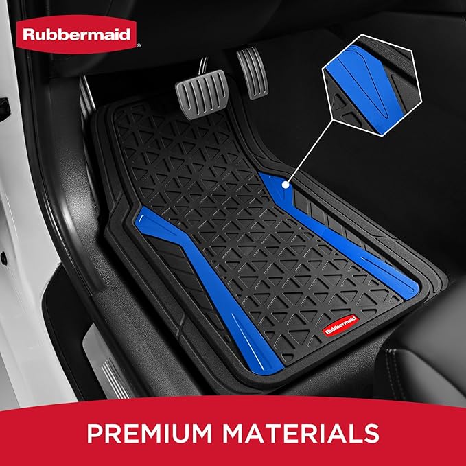 Rubbermaid Car Floor Mats Full Set, Premium Heavy Duty All-Weather Car Mats– Rugged Rubber with Brushed Aluminum Inserts, Universal Trim-to-Fit, Anti-Slip Backing for Cars, SUVs, Trucks & Vans - Blue