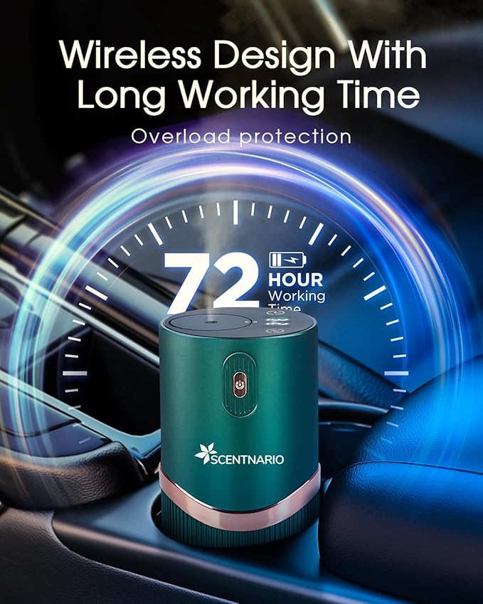 Waterless Essential Oil Diffuser 20ml Large Capacity, Aluminum Scent Machine for Car with Battery Indicator, 3 Mist Levels & Continuous Spray, Anti-TIPP, Timer & Night Light Function (Green-B)