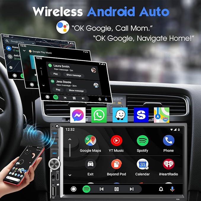 [Improved] 7'' Double Din Car Stereo with Upgraded Wireless Apple Carplay for IOS26 / Android Auto, 240W High Power with EQ, Bluetooth, RDS/FM/AM Touchscreen Radio, USB Type-C/AUX/TF, Backup Camera