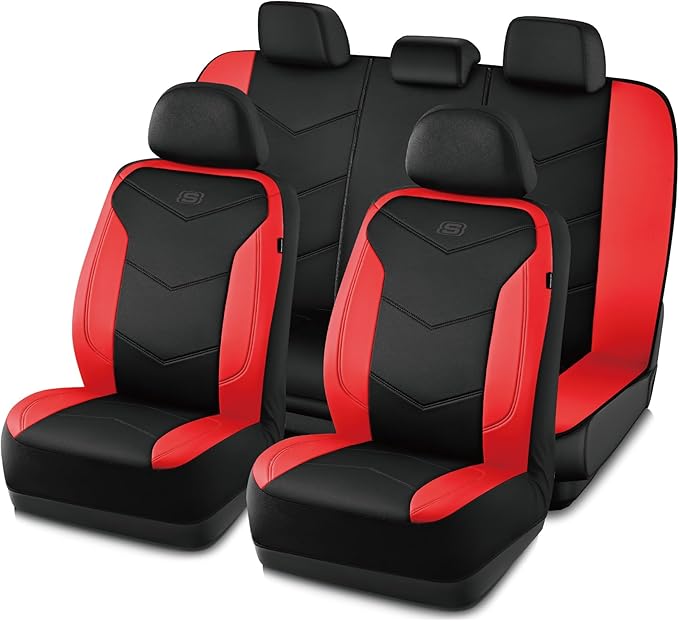 Skechers Memory Foam Seat Covers,Leather Car Seat Covers, Ultimate Comfort & Support Seat CoversFull Sets,Airbag Compatible, Automotive Universal Fit Most for SUVs, Vans, Sedans, Cars, Trucks,Red