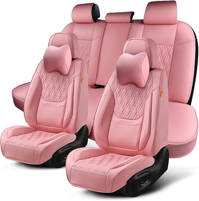 Pink Car Seat Covers Full Set, Breathable Leather Automotive Front and Rear Seat Covers & Headrest, Universal Automotive Vehicle Seat Cover for Most Sedan SUV Pick-up Trucks