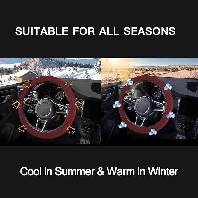 Suede Steering Wheel Cover with Upgraded Silicone Inner Ring, Breathable, Anti-Slip, Leather Universal 14.5 to 15 Inch Steering Wheel Cover (Burgundy with Handwoven Craft)