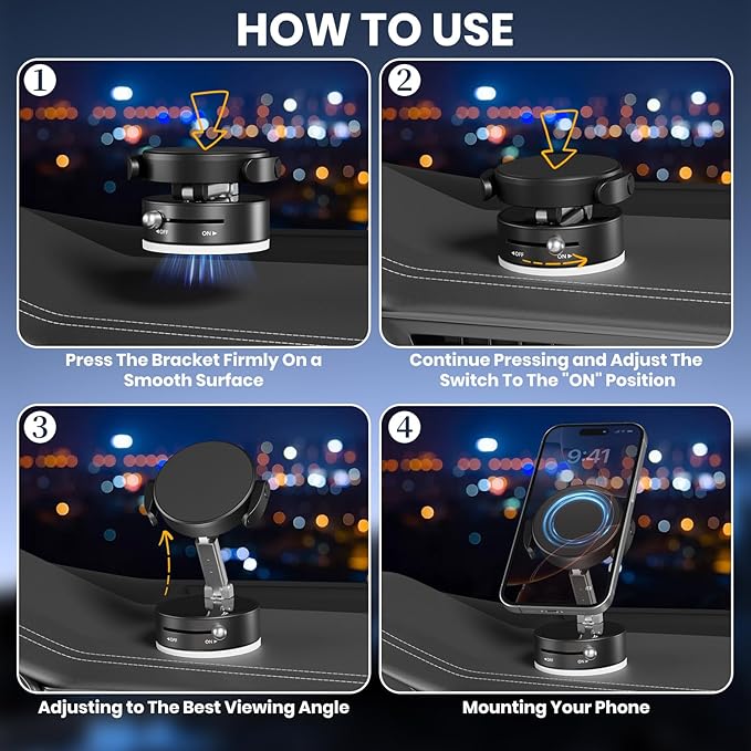 Upgraded 360° Adjustable Vacuum Magnetic Phone Holder, Vacuum Suction Magnetic Phone Mount with Clamp Foldable Phone Holder for Car/Gym/Mirror/Smooth Surface, Suitable with All Smartphones (Black)