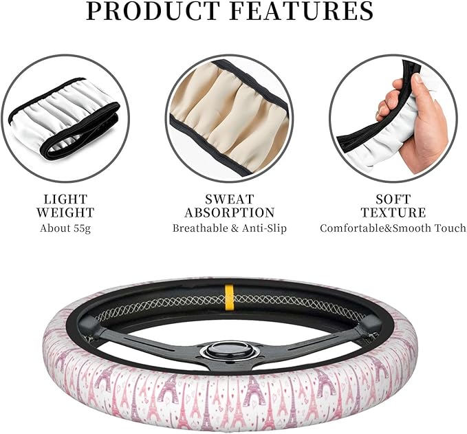 Dujiea Pink Eiffel Tower Elastic Stretch Steering Wheel Cover, Anti-Slip and Durable Car Steering Wheel Accessories for Women Men, 15 Inch Universal Fit Car, Truck, SUV
