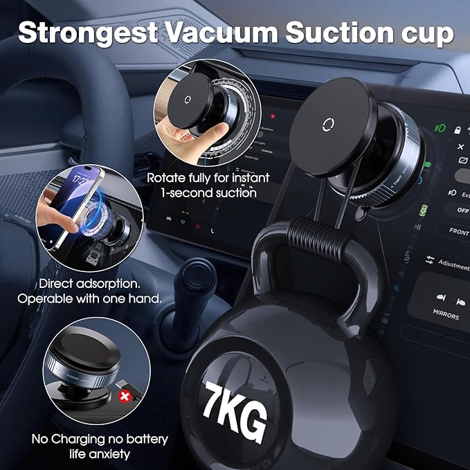 360° Rotatable Vacuum Magnetic Phone Holder, Adjustable Hands-Free Suction Cup Car Phone Mount for Car/Gym/Mirror/Smooth Surface, Compatible with iPhone Android and All Smartphones