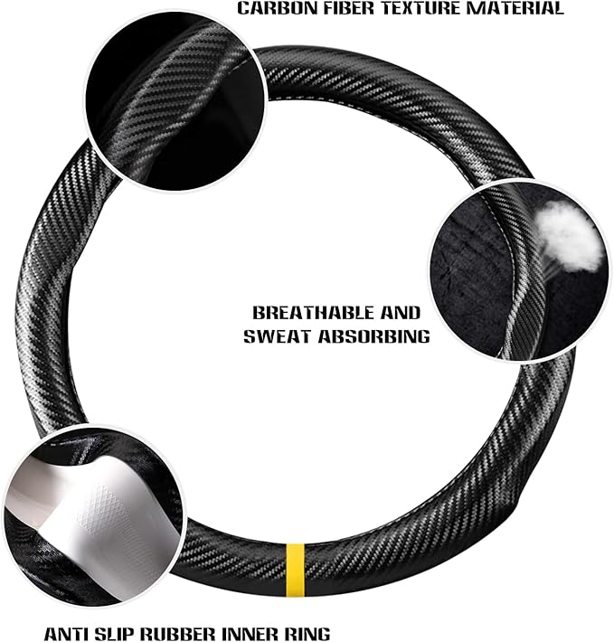 Ergocar Steering Wheel Cover Carbon Fiber Leather Material Anti-Slip Breathable Sport Steering Wheel Cover, Diameter 15" (37.5-38 Cm)