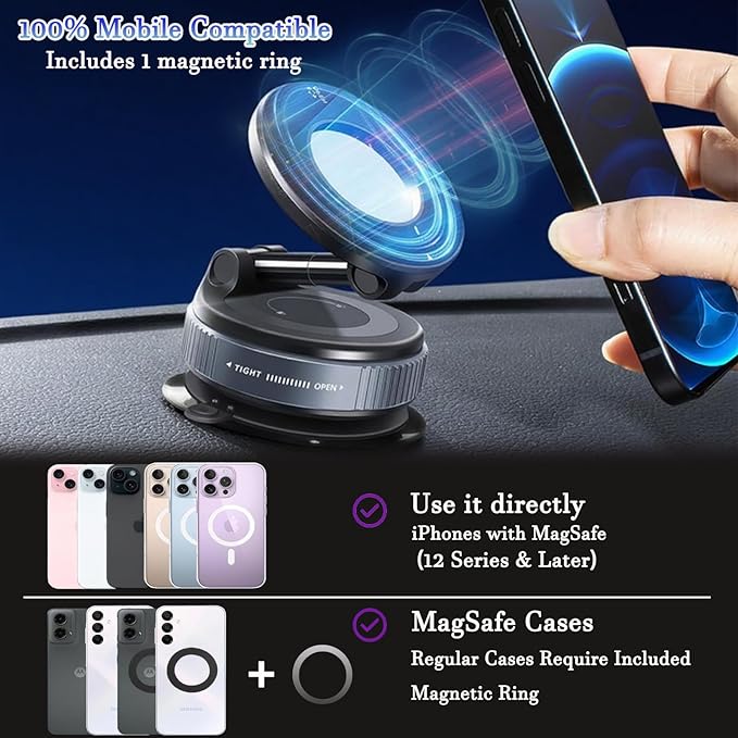 Upgraded 360° Vacuum Magnetic Suction Cup Phone Holder, Foldable and Reinforced Ultra Suction Cup Phone Mount, Compatible with All Smartphones for Car/Gym/Mirror/Smooth Surface (Black)