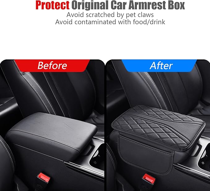 ESKONKE [Upgraded] Car Center Console Cover with 2 Storage Bags - Premium Nappa Leather Armrest Cover, Scratch & Wear Resistant, Waterproof Car Interior Accessories (Upgrade - Black)