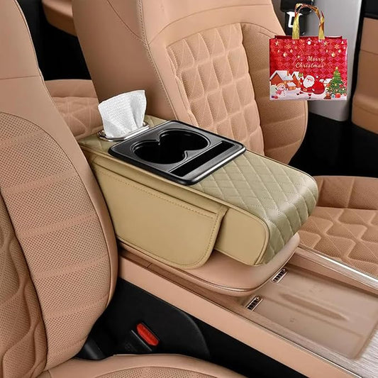 Multifunctional PU Leather Car Armrest Box Mat with Central Elbow, 2026 New Car Armrest Storage Box with Cup Holder, Tissue Box Slot, Phone Slot, Universal Fit (Yellow)