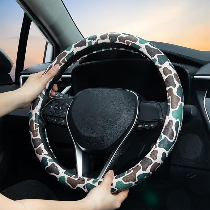 Army Dark Camo Steering Wheel Cover Auto Leather Steering Wheel Protector, Anti-Slip, Breathable, Absorbing Sweat, Universal Camo Car Accessories 14.5–15 inch,Fit for Most Car, Trucks, SUV