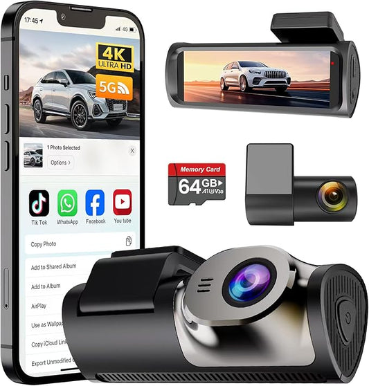 Dash Cam Front Rear,IPS Dash Camera for Cars,Car Camera 4K Front&1080P Rear,5.8GHz WiFi&APP-20MB/s Fast Download,G-Sensor,Night Vision,24h Parking Monitoring,Loop Recording,170° Wide Angle