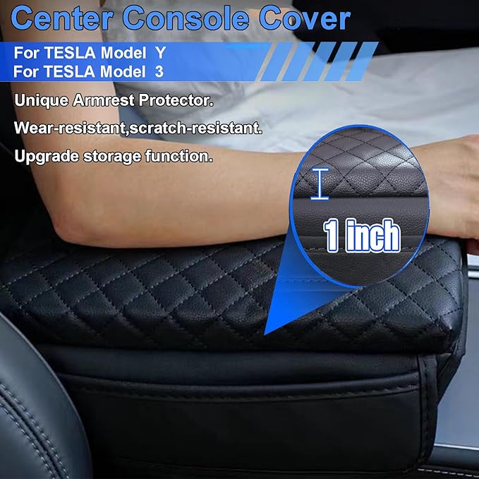 Upgrade Center Console Cover for Tesla Model 3 Model Y 2016-2024 2025 Armrest Cover with Pockets,Leather Arm Rest Box Cushion for Tesla Model 3/Y Interior Console Protector Accessories
