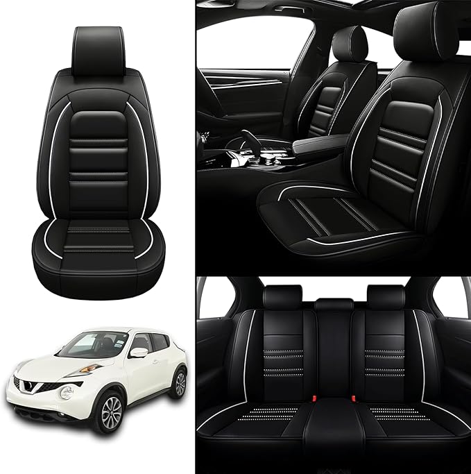 Seat Covers for Nissan Car Juke 2011-2017 | 5-Seats Leather Seat Covers, Easy to Install Automotive Seat Covers Full Set (Full Set, Black&White Line)