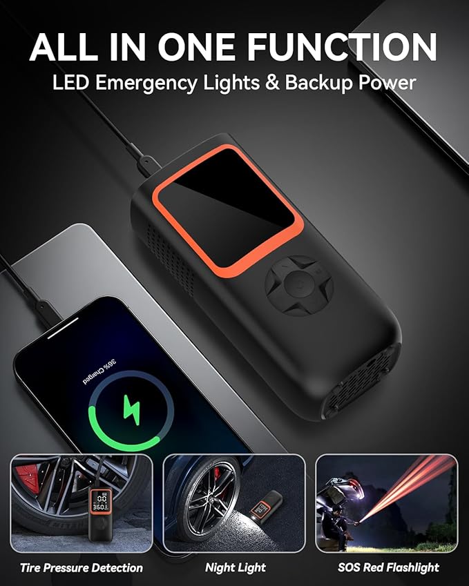 Tire Inflator Portable Air Compressor - 150PSI Cordless Air Pump for Car Tires with Pressure Gauge & LED Light, 3X Faster Inflation Electric Air Compressor for Car Bikes, Motorcycle, Ball