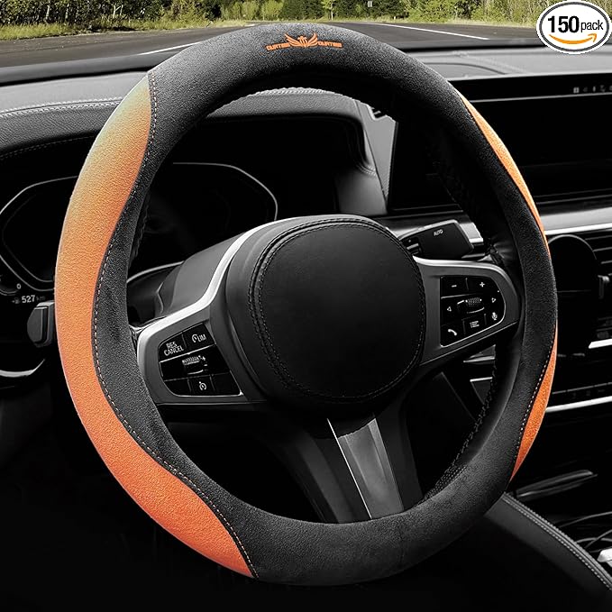 OURTIME Faux Suede Car Steering Wheel Cover, Universal 15 inch,Anti-Slip, Comfortable, Soft,Microfiber Breathable Suede Fabric,Warm in Winter and Cool in Summer (Gray with Orange)